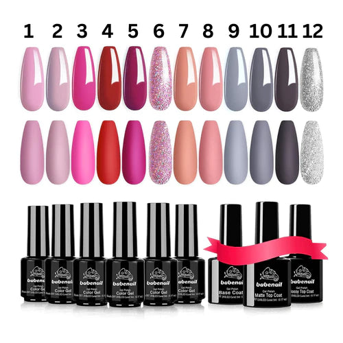 BabeNail Gel Nail Polish 12 Colors Box With Glossay Top Coat And base & Matte Top Coat Nude Gray Pink Glitter Nail Polish Soak Off 21+ Days Long Lasting Nail Gel Polish