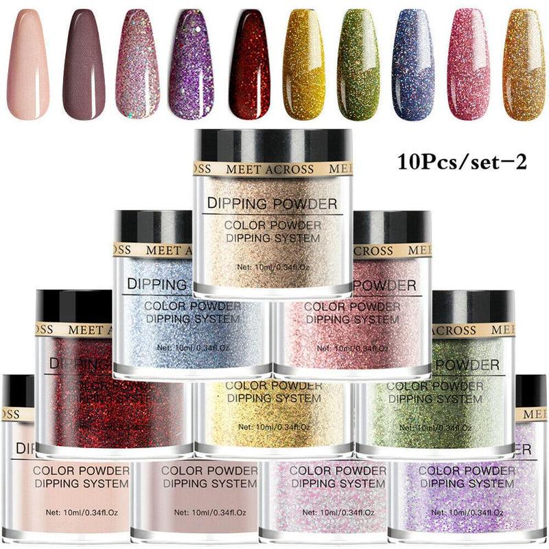 MEET ACROSS Dipping Nail Powder Set Glitter Nude Red Pink Purple Natural Dry Dipping Nail Powder System Kit Nail Art Manicure