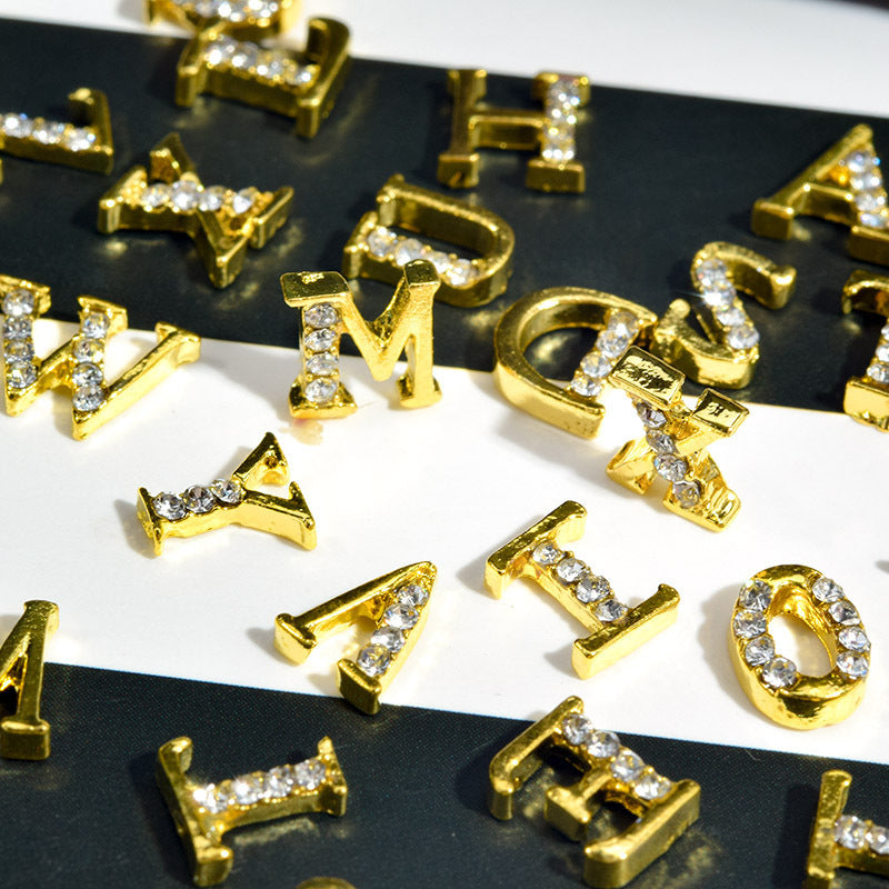 3D Nail Art Gold Alphabet Letter Number Alloy Nail Rhinestones Charms Acrylic Tips Decoration Glitter Nail Decoration