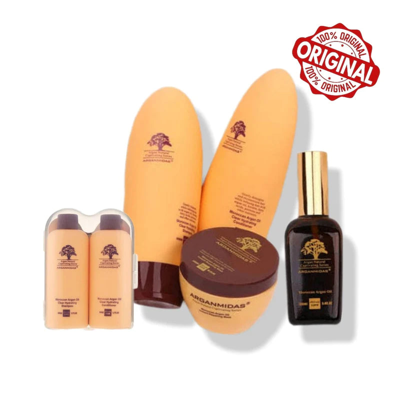 Bundle: 5 x 450ml Pure Arganmidas Moroccan Argan Oil Shampoo, 450ml Conditioner, 300ml Repairing Mask, 100ml Hair Serum, with a 100ml Travel Kit.