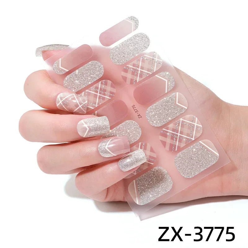 Gel Nail Strips Patch Sliders Flowers Gradient Color Adhesive Full Cover Gel Nail Stcikers UV Lamp Cured Manicure Golden Marble