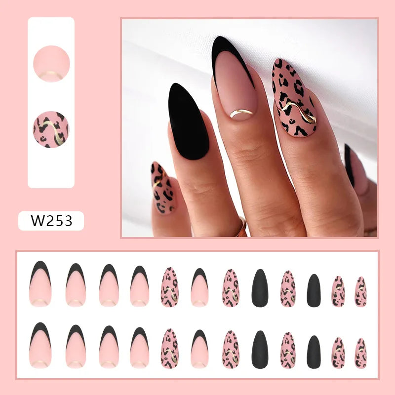 Long Stiletto False Nails wave Peals Wearable decorated French Fake Nails Press On Nails Leopard print Almond Manicure Tip