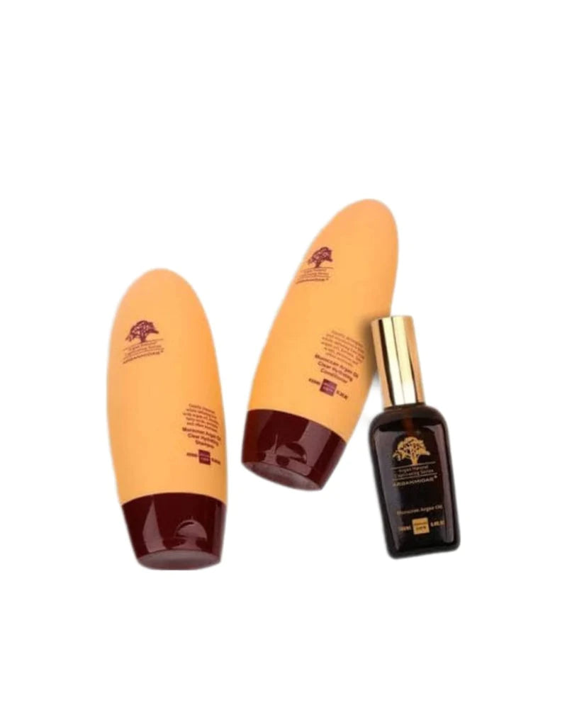 Bundle: 3 x 450ml Pure Arganmidas Moroccan Argan Oil Shampoo, 450ml Conditioner, and 10ml Hair Serum