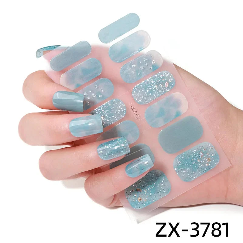 Gel Nail Strips Patch Sliders Flowers Gradient Color Adhesive Full Cover Gel Nail Stcikers UV Lamp Cured Manicure Golden Marble