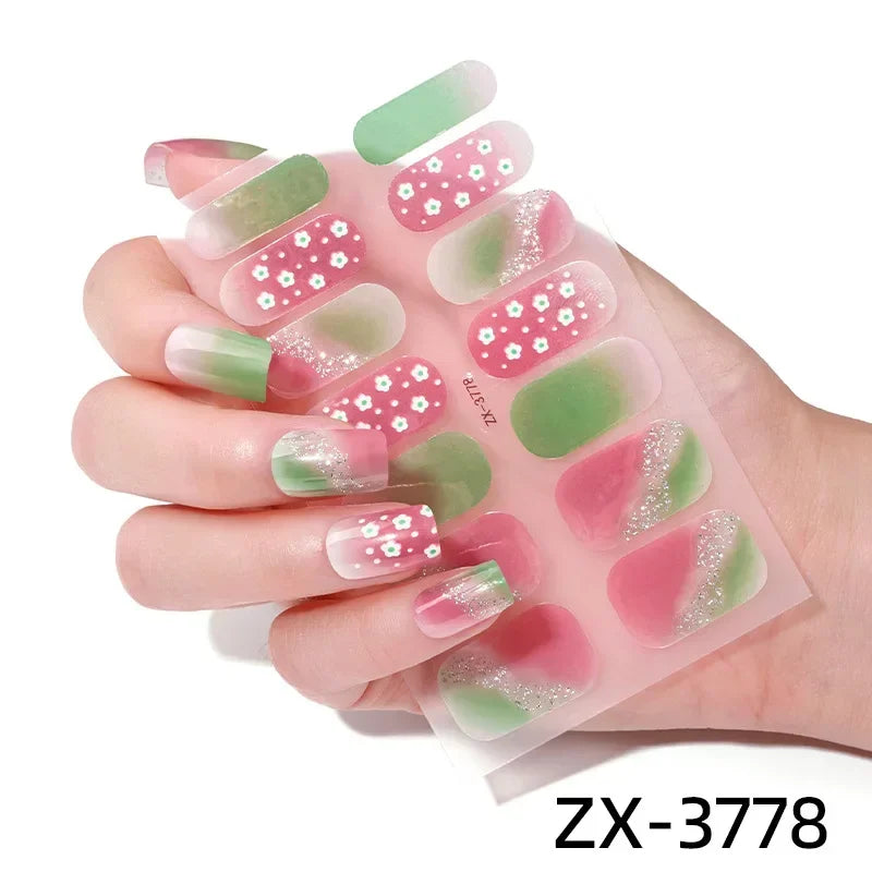 Gel Nail Strips Patch Sliders Flowers Gradient Color Adhesive Full Cover Gel Nail Stcikers UV Lamp Cured Manicure Golden Marble