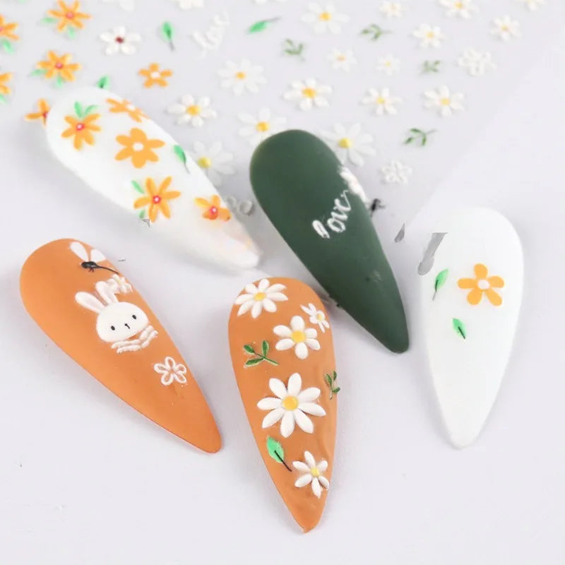 Nail Art Decals Summer Daisy White Florals Petals Flowers Leaves Nail Stickers Manicure Decoration For Nail Tips Beauty