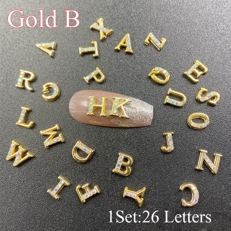 3D Nail Art Gold Alphabet Letter Number Alloy Nail Rhinestones Charms Acrylic Tips Decoration Glitter Nail Decoration