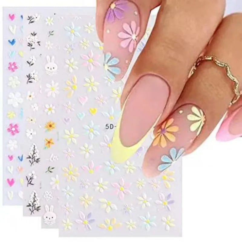 Nail Art Decals Summer Daisy White Florals Petals Flowers Leaves Nail Stickers Manicure Decoration For Nail Tips Beauty