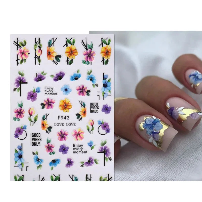 New Rose 3D Nail Sticker Designs Botanical Floral Spring Nail Decorations Simple Red Ink Floral Adhesive Decals Slider Manicure