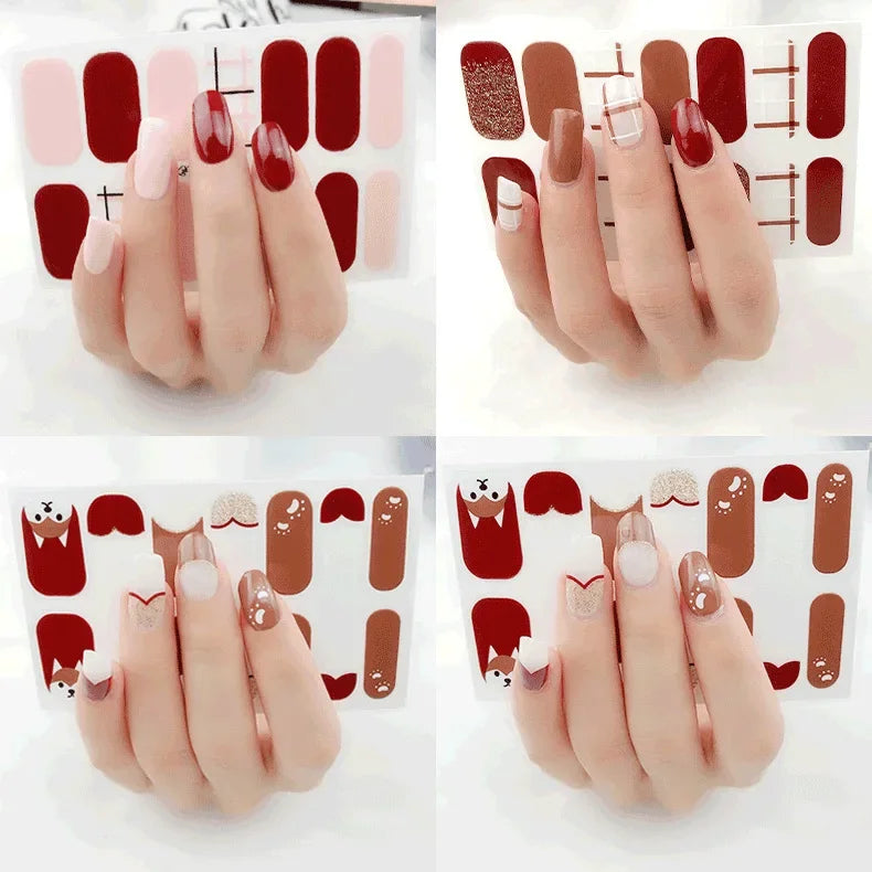 Gel Nail Strips Patch Sliders Flowers Gradient Color Adhesive Full Cover Gel Nail Stcikers UV Lamp Semi-Cured Manicure 14 Tips