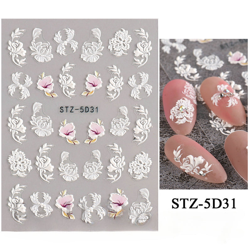 Harunouta 5D Embossed Nail Stickers Lily of the Valley Tulip Leaves Lines Gel Polish Decals Wedding Flower Engraved Slider