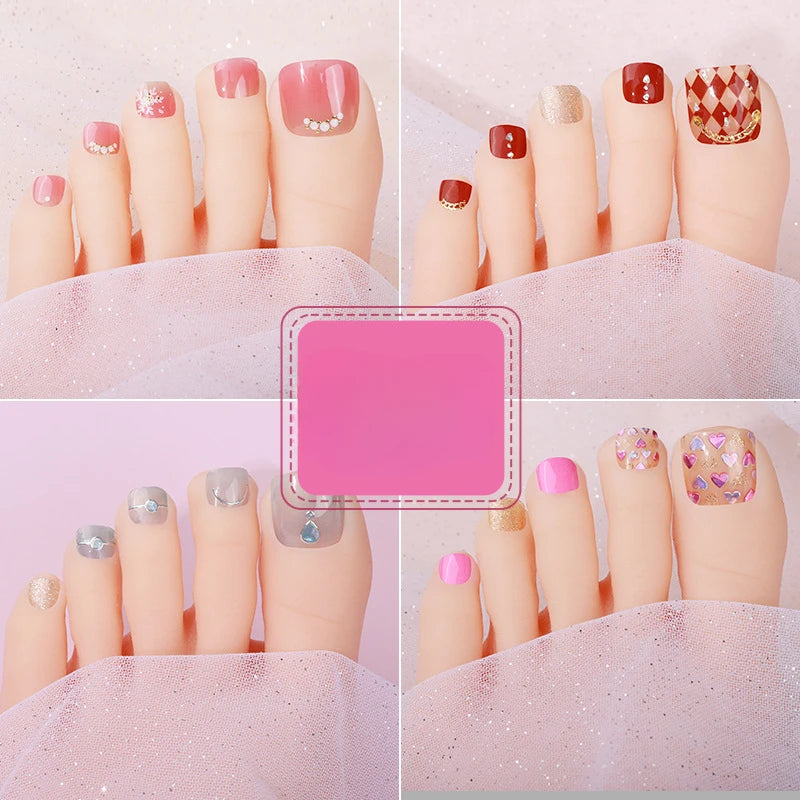 French Fake Toe Nails Set Press on Short Wearable False Nail Acrylic Nail Kits Nude Color Feet Nail Tips Removable Sticker