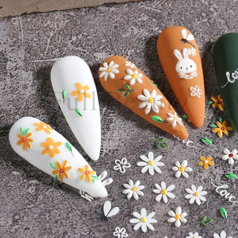 Nail Art Decals Summer Daisy White Florals Petals Flowers Leaves Nail Stickers Manicure Decoration For Nail Tips Beauty