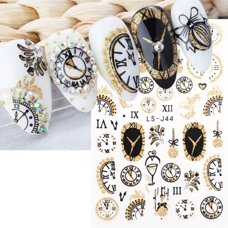 New 3D Spring Floral Stickers for Nails Decals Vintage Clock Bird Rose Flowers Decoration Golden Butterflies Nail Art Sliders