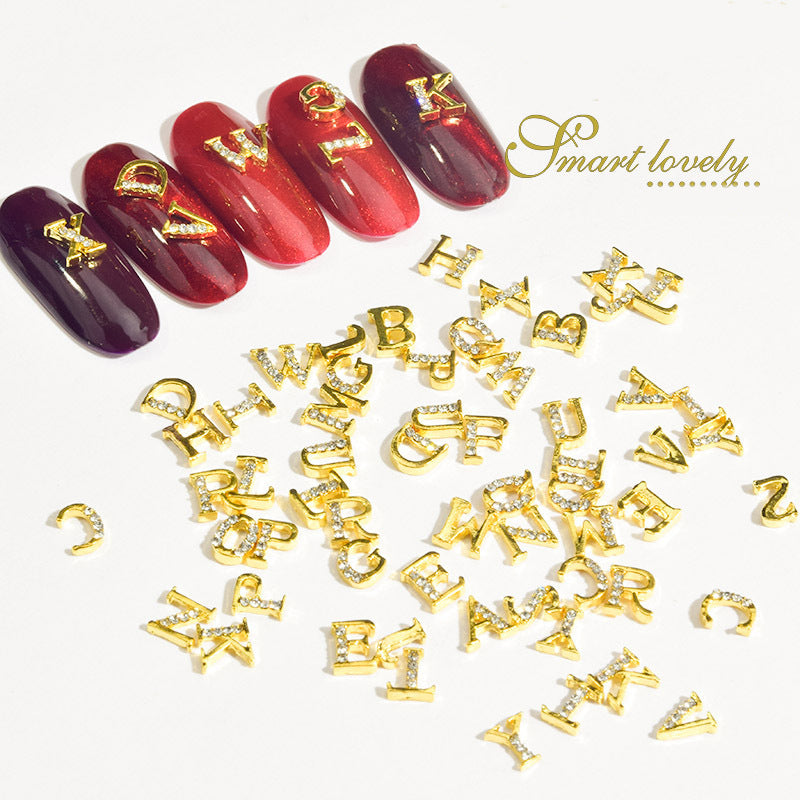 3D Nail Art Gold Alphabet Letter Number Alloy Nail Rhinestones Charms Acrylic Tips Decoration Glitter Nail Decoration