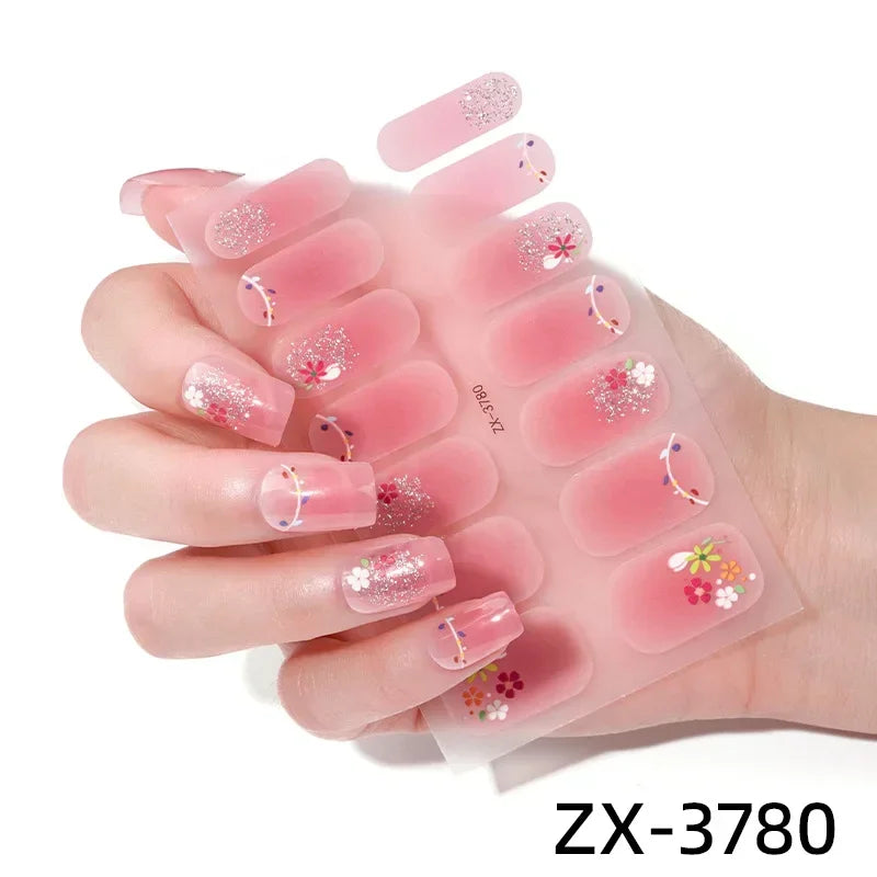 Gel Nail Strips Patch Sliders Flowers Gradient Color Adhesive Full Cover Gel Nail Stcikers UV Lamp Cured Manicure Golden Marble