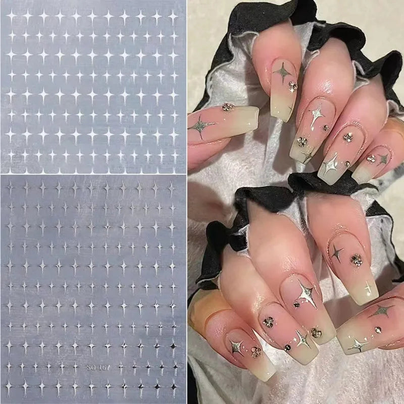 Sliver Stars Nails Stickers 3D Bronzing Laser White Cross Starlight Glossychic Y2k Stylish Adhesive Manicure Decorations