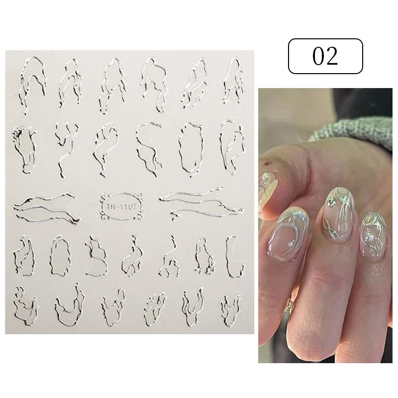 Golden Wave Line 3D Nail Sticker Marble Blue Geometry Abstract Nail Art Sliders French Liner Decals Manicure Decorations