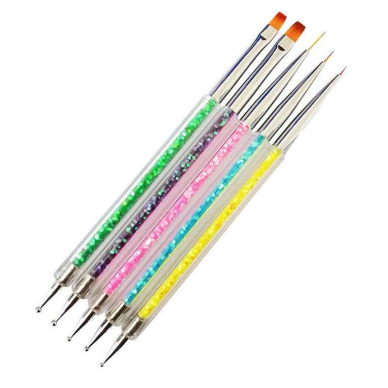 5Pcs/Set Dual End Nail Art Dotting Pen Acrylic Drawing Liner Flower Brush Rhinestone Crystal UV Gel Painting Manicure Tool Nail