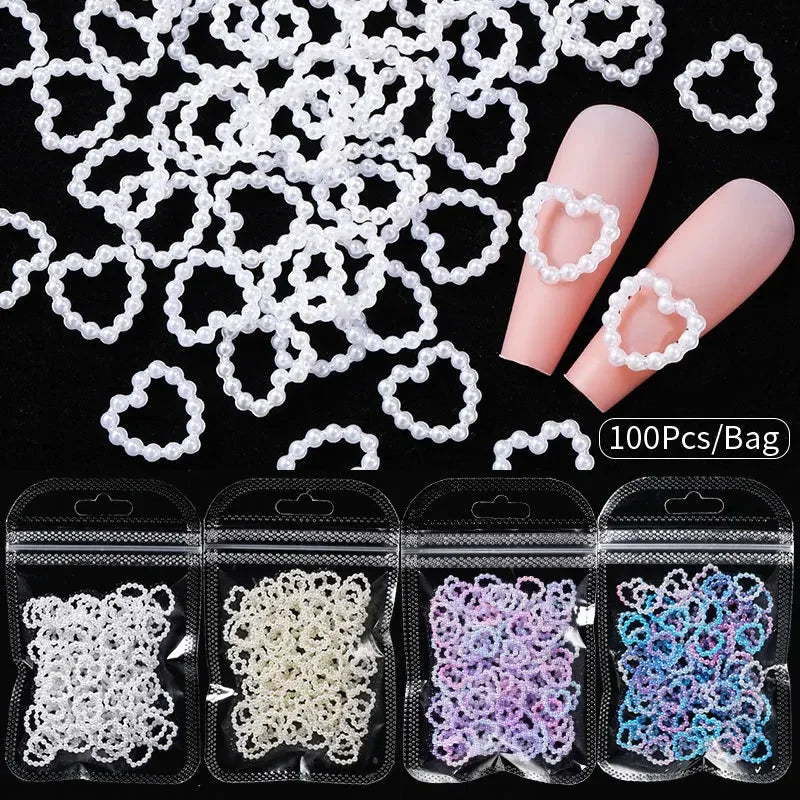 New 3D100Pcs/Bag Hollow Heart Pearl Charms White Pink Purple Nail Art Round Pearl Flatback Nail Decoration DIY Nail Accessories