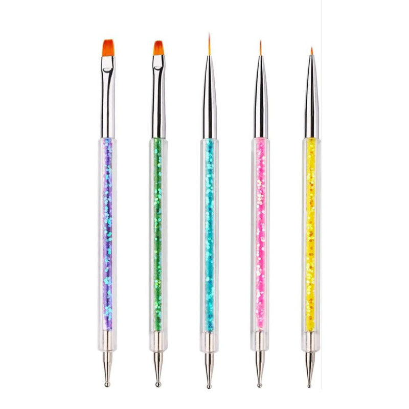 5Pcs/Set Dual End Nail Art Dotting Pen Acrylic Drawing Liner Flower Brush Rhinestone Crystal UV Gel Painting Manicure Tool Nail