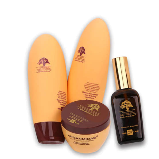 Bundle: 5 x 450ml Pure Arganmidas Moroccan Argan Oil Shampoo, 450ml Conditioner, 300ml Repairing Mask, 100ml Hair Serum, with a 100ml Travel Kit.