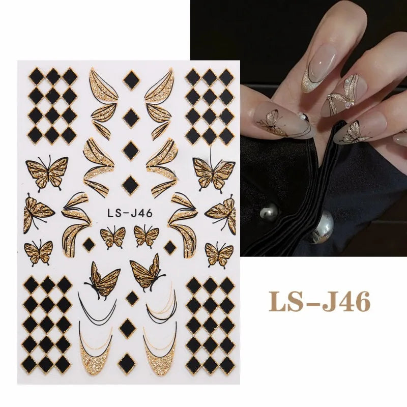 Harunouta Glitter French 3D Nail Stickers Geometric Lines Adhesive Swirl Wave Decals Nail Sliders Butterfly Nail Art Jewelry