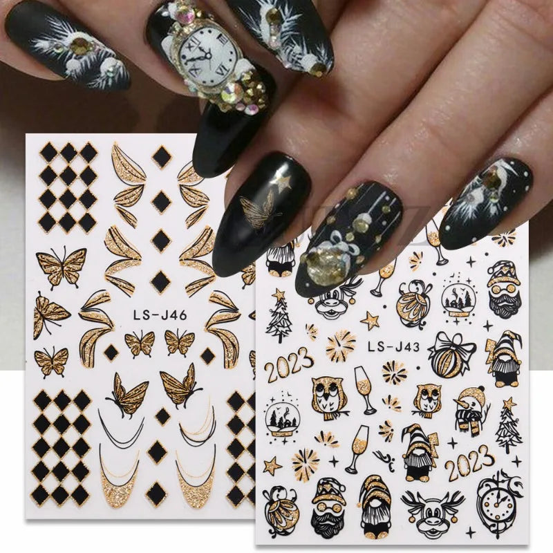 New 3D Spring Floral Stickers for Nails Decals Vintage Clock Bird Rose Flowers Decoration Golden Butterflies Nail Art Sliders