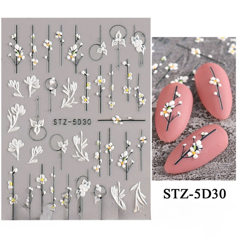 Harunouta 5D Embossed Nail Stickers Lily of the Valley Tulip Leaves Lines Gel Polish Decals Wedding Flower Engraved Slider