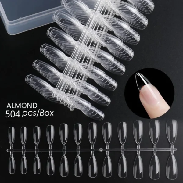 Almond Fake Nails 504Pcs Nail Tips, Acrylic Nail Kit Pre-Shaped Almond Press On Nails, Clear False Nail Extension Kit, Full Cover Soft Gel Nail Tips, Home Salon Nail Art Manicure Set, 12 Sizes