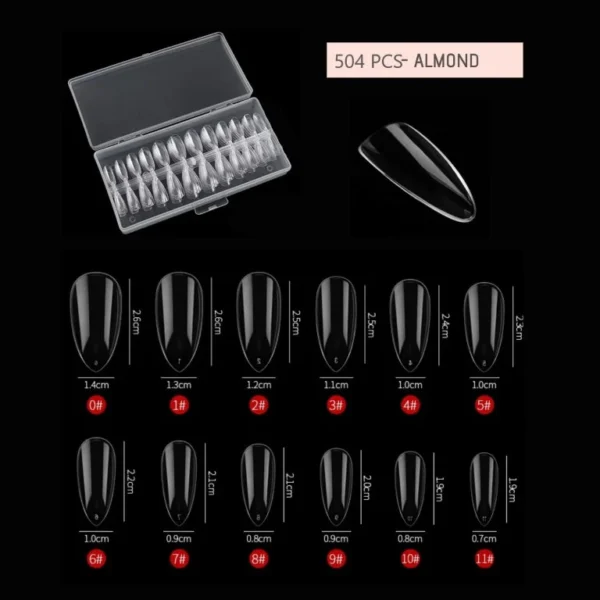 Almond Fake Nails 504Pcs Nail Tips, Acrylic Nail Kit Pre-Shaped Almond Press On Nails, Clear False Nail Extension Kit, Full Cover Soft Gel Nail Tips, Home Salon Nail Art Manicure Set, 12 Sizes - Image 5