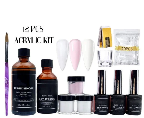 Nailcrafts 12 PCS Acrylic Nail Kit, 3 Colors Acrylic Powder and Liquid Monomer Primer+ dehydrator Set with Topcoat, 1 Acrylic Nail Brush Nail Forms for Nail art and extension