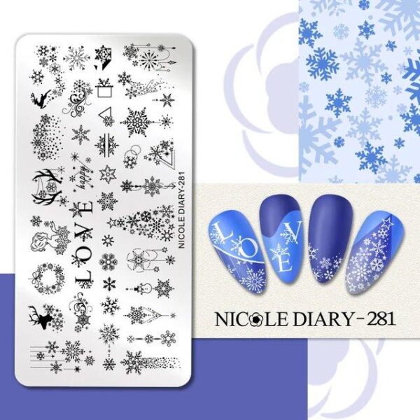 NICOLE DIARY French Snowflakes Nail Stamping Plate Christmas Nails Floral Stamp Template Nail Polish Manicure Printing Stencils