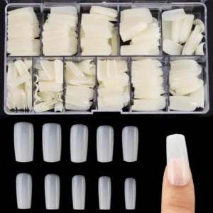 Natural Full Cover Nails - Fake Nails Square Shape Acrylic Nails False Nail Tips with Case for Nail Salon and DIY Nail Art, 10 Sizes