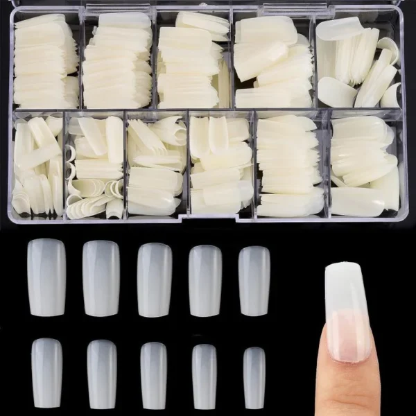 Natural Full Cover Nails - Fake Nails Square Shape Acrylic Nails False Nail Tips with Case for Nail Salon and DIY Nail Art, 10 Sizes