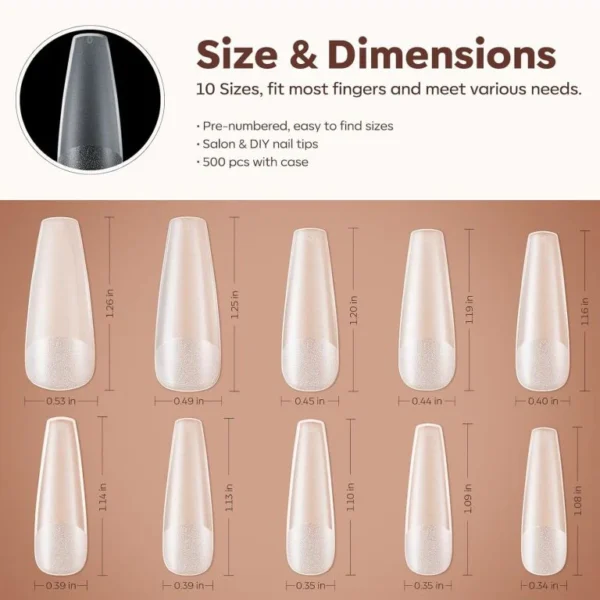 500 pcs Coffin Nail Tips Full Cover Long Fake Nails More Friction Matte Nail Tips for Acrylic Nails Professional for Dip Powder Nails/Poly Nail Extension Gel Nails Art Design 10 Sizes - Image 3