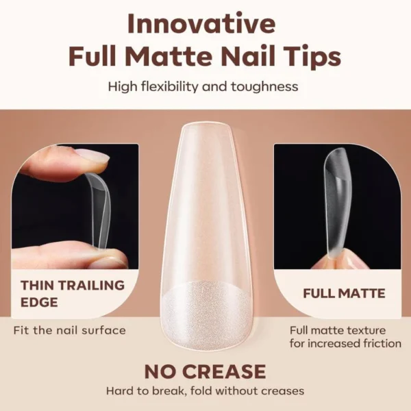 500 pcs Coffin Nail Tips Full Cover Long Fake Nails More Friction Matte Nail Tips for Acrylic Nails Professional for Dip Powder Nails/Poly Nail Extension Gel Nails Art Design 10 Sizes - Image 6