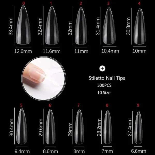 High Quality Stiletto Fake Nail Tips - 600PCS Long Stiletto Shaped Clear Acrylic Nails Full Cover Press on Nails for DIY Nail Art, 10 Sizes - Image 3