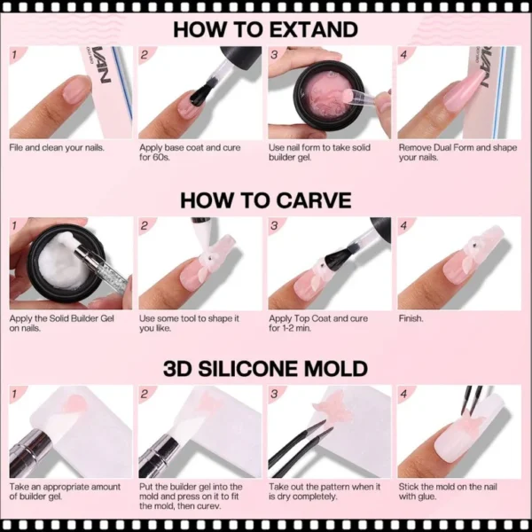 Solid Builder Gel Nail Kit - Acrylic Nail Kit Non Stick Builder Gel For Nails Clear Nail Extension Gel for Nail Carving Frech Nails 3D Modeling Nail Art - Image 5