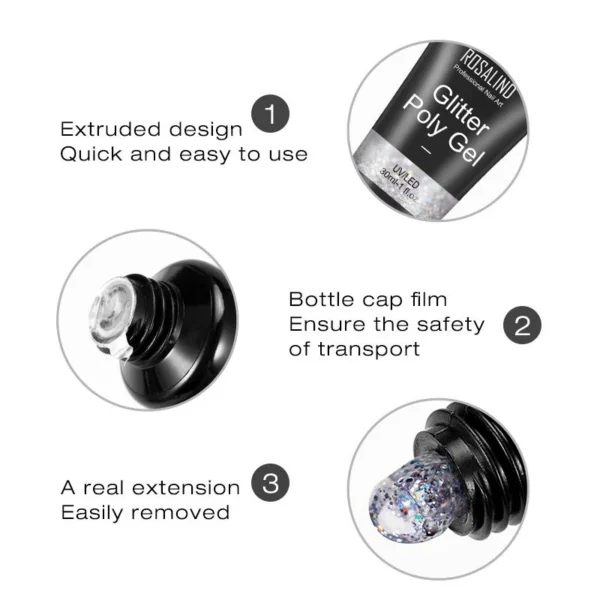 ROSALIND Glitter Extension Gel 30ml Glitter Diamond Nail Builder for Nail Art, Nail Thickening Poly Nail Gel Tube Need UV Lamp - Image 6
