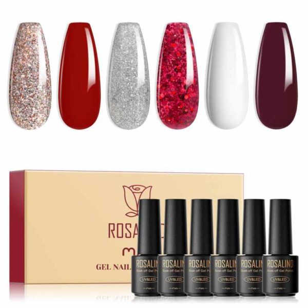 ROSALIND UV Nail Polish, 6 Colors Mini Gel Nail Polish, UV Nail Polish Set Red Glitter White Dark Purple Soak Off Nail Polish French Manicure for Women