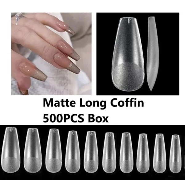 500 pcs Coffin Nail Tips Full Cover Long Fake Nails More Friction Matte Nail Tips for Acrylic Nails Professional for Dip Powder Nails/Poly Nail Extension Gel Nails Art Design 10 Sizes