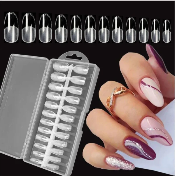 HSM Oval Nail Tips Clear Full Cover Medium Length Round Fake Nails Acrylic Gel X Nail Tips for Salon and Home Nail Art Manicure 12 Sizes