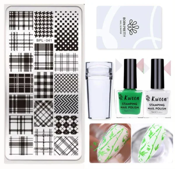 Nail Art Stamping Kit Lines Pattern Plate with 2 Stamping Polish and Stamper Scraper Tool For Nail art Stamping