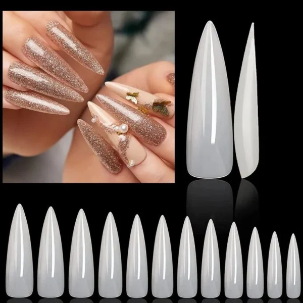 Long Stiletto Full Cover Nail Tips High Quality Natural Color Press On False Nails, Blank Fake Nails - Image 2