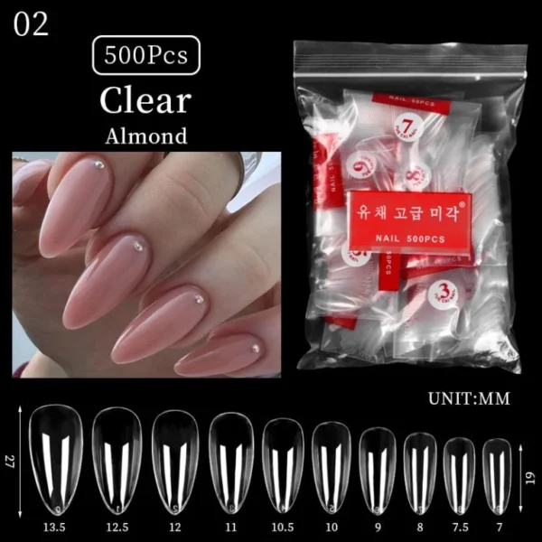 Almond Shaped Nails Full Cover False Nail Tips with Clear Plastic Pouch Nail Extensions (Clear) - Image 2
