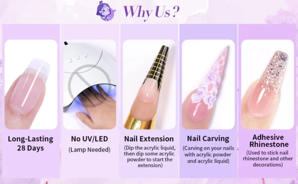 BORN PRETTY Acrylic Powder 10g(1oz) Clear White Pink Acrylic Powder set 0f 3 for Nail Extension and Nail Carving - Image 2