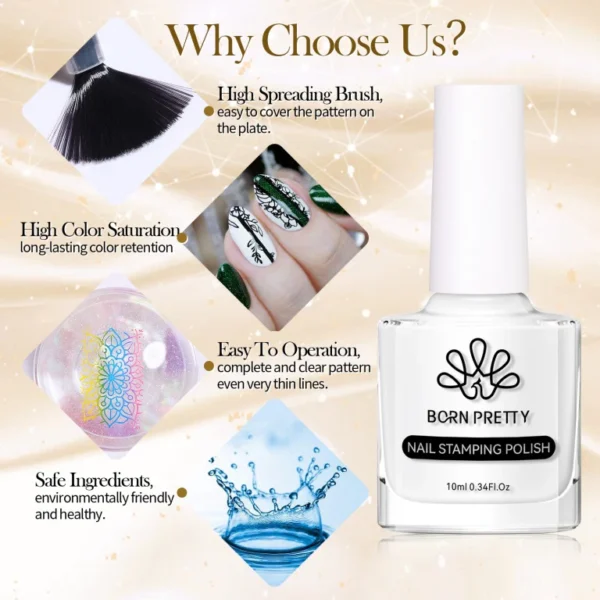 BORN PRETTY 1 Bottle 10ml Nail Stamping Polish Gold Silver Black White Color Nail Printing Polish - Image 3
